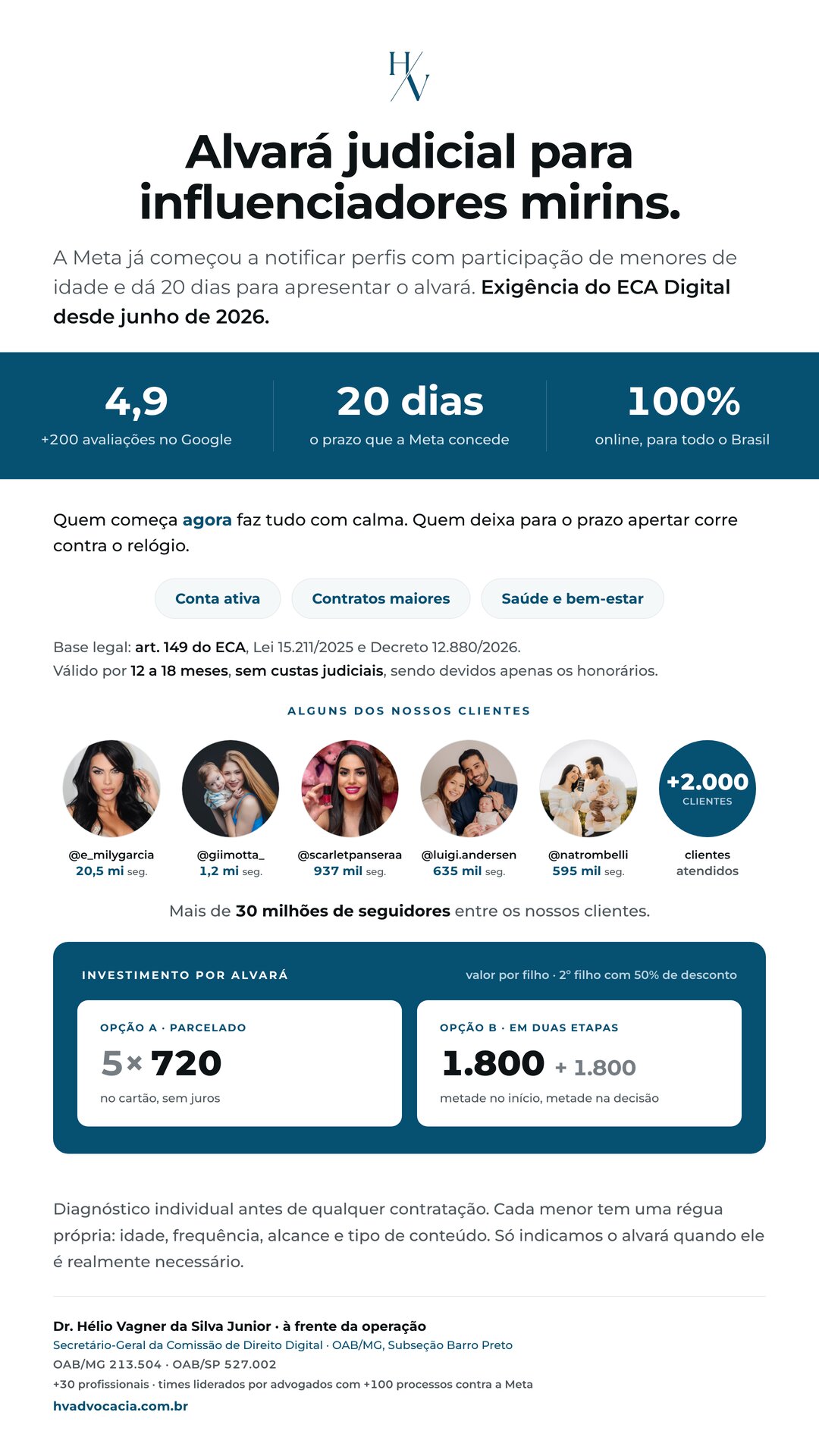 Proposta do alvará judicial para influenciadores mirins, HV Advocacia